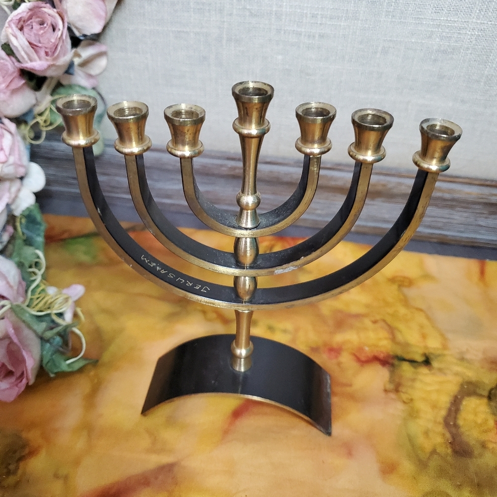 Menorah/Hanukkah, Small (5"x6") Solid Brass Candle Holder 1960s Signed Jerusalem